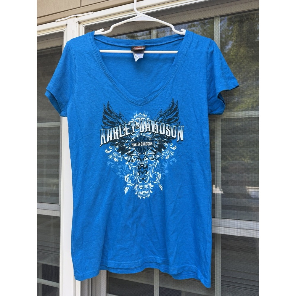 Harley Davidson Motorcycle Womens V-neck royal blue Sz L Darmouth, MA